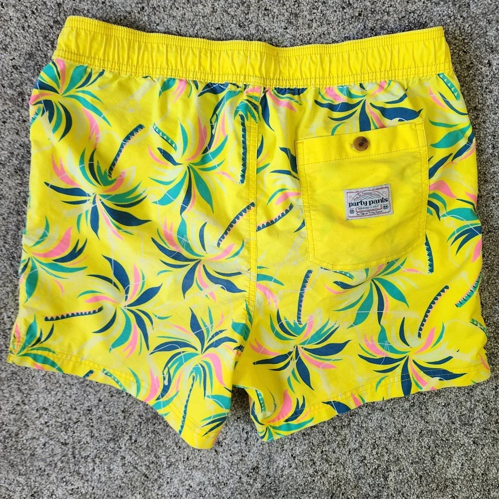 Party Pants Swim Trunks Mens Large Yellow Tropical‎ Palm Print Excellent